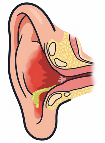 Desenho esquemático da orelha externa com alterações típicas da otite externa - edema/inchaço do canal auditivo externo, vermelhidão/eritema e saída de secreção