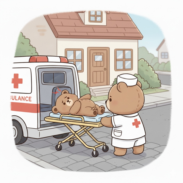 Desenho de um ursinho com dor de ouvido ou otite com sinais de gravidade / complicação sendo levado por uma ambulância