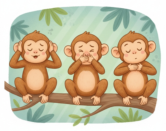 Desenho de 3 macaquinhos apontando para as áeas de interesse do otorrinolaringologista: ouvido, nariz e garganta